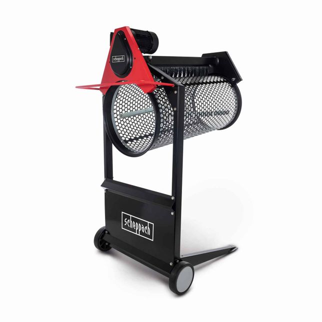 Scheppach soil sieve with red motor and black frame. Ideal for soil processing.